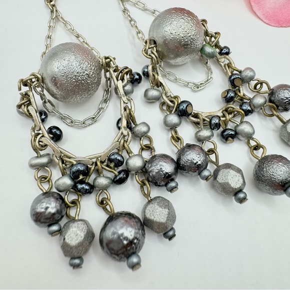 Vintage Chain Textured Bead Chandelier Leverback Swag Dangle Earrings Edgy - Picture 6 of 9